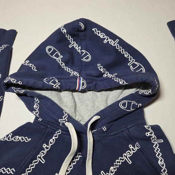 Champion Dark Blue All-Over Logo Men's Hoodie - Picture 2 of 7